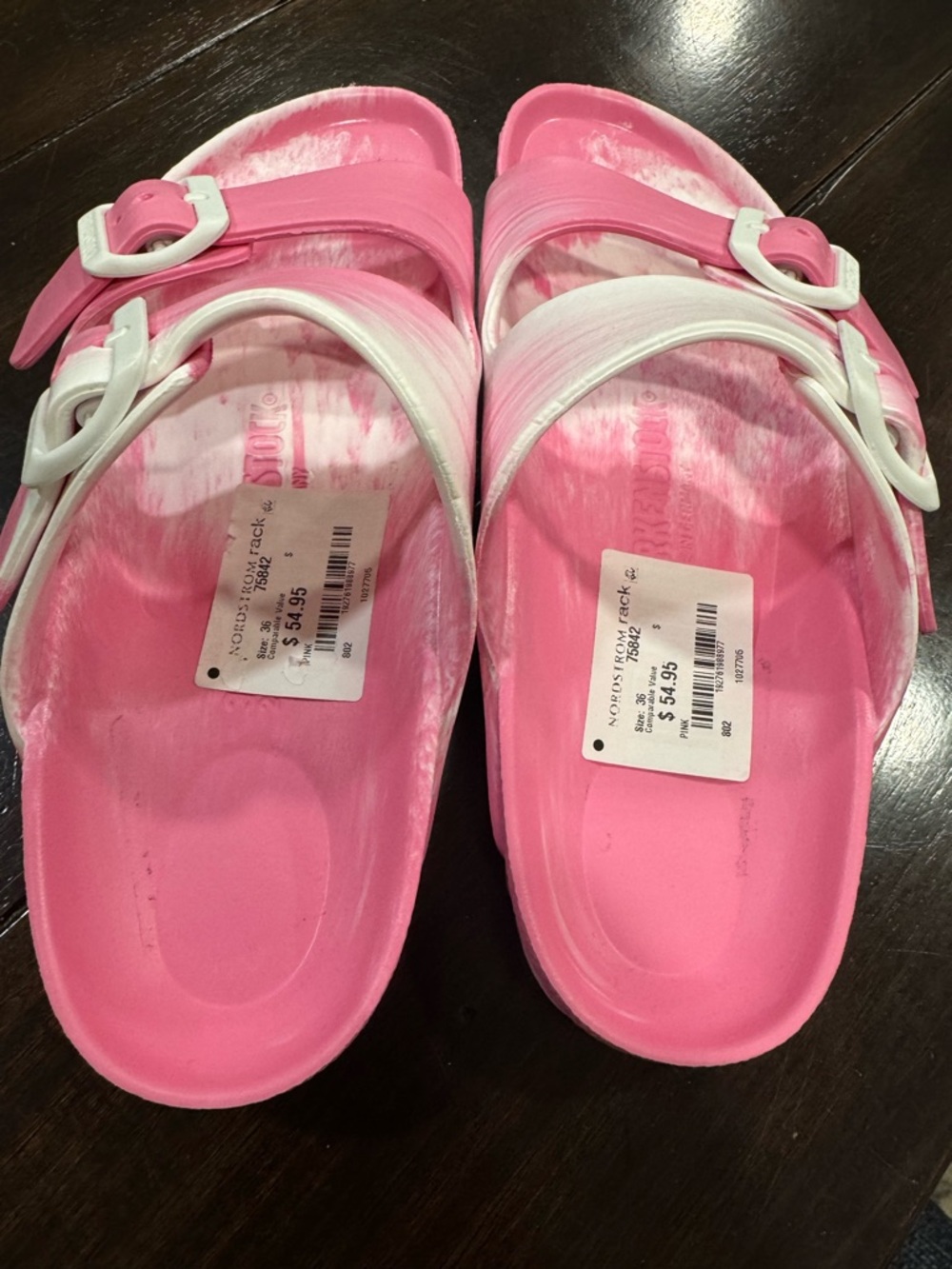 Birkenstock Arizona Essentials Slide Sandal in Pink and White - Picture 3 of 6